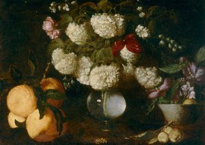 Boules de neige, roses, œillets, fruits - Italian School